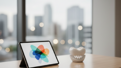A minimalist, modern dental office desk featuring a sleek tablet displaying unreadable abstract financial graphs and a clean white dental model, against a very blurred, out-of-focus urban UK cityscape.