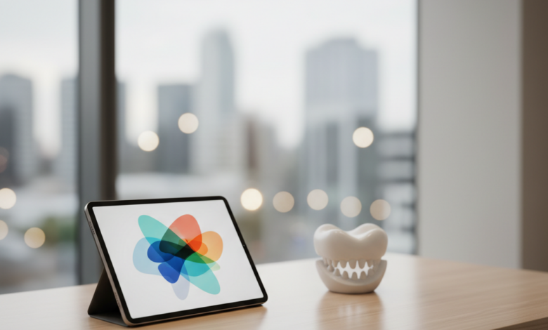 A minimalist, modern dental office desk featuring a sleek tablet displaying unreadable abstract financial graphs and a clean white dental model, against a very blurred, out-of-focus urban UK cityscape.
