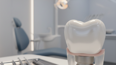 A photorealistic, close-up image of a conceptual, pristine dental implant or a perfect tooth model, representing advanced dental solutions. The background is a softly blurred, modern, clean dental clinic interior. The image uses cinematic lighting and shallow depth of field. There is no visible text or branding.