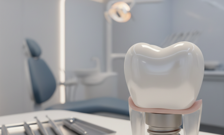 A photorealistic, close-up image of a conceptual, pristine dental implant or a perfect tooth model, representing advanced dental solutions. The background is a softly blurred, modern, clean dental clinic interior. The image uses cinematic lighting and shallow depth of field. There is no visible text or branding.