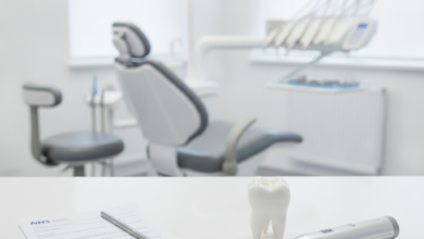 Conceptual image of two distinct choices in dentistry: one side shows simple documents and a basic dental tool, while the other displays a gleaming tooth model and an advanced dental instrument, all set on a white surface in a blurred modern dental clinic.