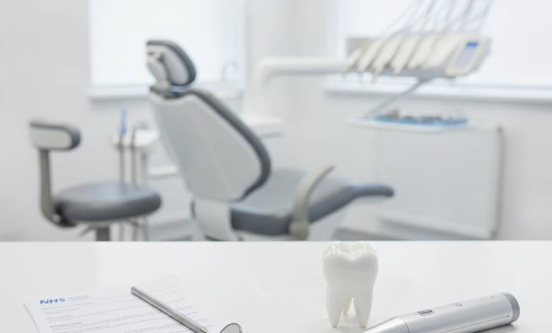 Conceptual image of two distinct choices in dentistry: one side shows simple documents and a basic dental tool, while the other displays a gleaming tooth model and an advanced dental instrument, all set on a white surface in a blurred modern dental clinic.