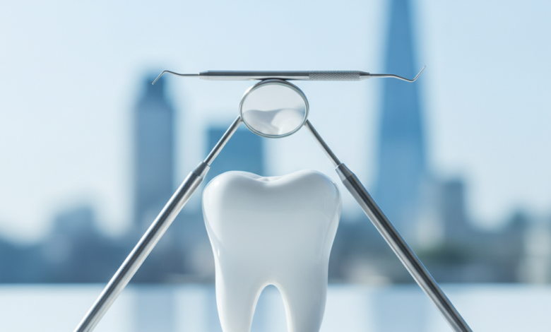 A close-up, photorealistic image showing clean, stylized dental instruments and a molar tooth arranged in distinct, layered sections on a pristine white surface, symbolizing the tiered structure of healthcare treatment. In the softly blurred background, a UK cityscape is faintly visible under bright, cool lighting, with no visible text.