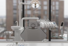 A photorealistic image of a pristine, modern dental clinic interior. A sleek, ergonomic dental chair is centered under soft, clinical lighting. On a countertop to one side, standard dental tools are neatly arranged, while on the opposite side, advanced dental equipment is displayed. Through a large, blurred window in the background, an indistinct modern urban skyline, characteristic of a UK city, is visible. The scene is brightly lit, emphasizing cleanliness and professionalism, and symbolizing the choice between different dental care options without any visible text.