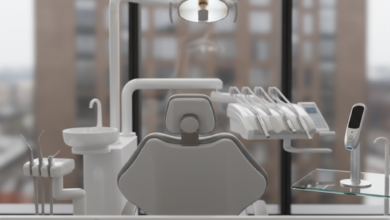 A photorealistic image of a pristine, modern dental clinic interior. A sleek, ergonomic dental chair is centered under soft, clinical lighting. On a countertop to one side, standard dental tools are neatly arranged, while on the opposite side, advanced dental equipment is displayed. Through a large, blurred window in the background, an indistinct modern urban skyline, characteristic of a UK city, is visible. The scene is brightly lit, emphasizing cleanliness and professionalism, and symbolizing the choice between different dental care options without any visible text.