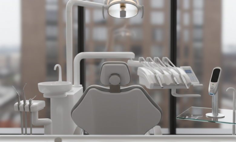 A photorealistic image of a pristine, modern dental clinic interior. A sleek, ergonomic dental chair is centered under soft, clinical lighting. On a countertop to one side, standard dental tools are neatly arranged, while on the opposite side, advanced dental equipment is displayed. Through a large, blurred window in the background, an indistinct modern urban skyline, characteristic of a UK city, is visible. The scene is brightly lit, emphasizing cleanliness and professionalism, and symbolizing the choice between different dental care options without any visible text.
