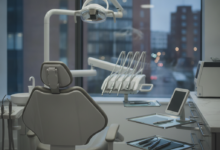 A photorealistic image of a pristine, modern dental clinic interior with a sleek, high-tech dental chair and advanced dental instruments. The background features a softly blurred cityscape of a generic urban environment in the United Kingdom, devoid of any text or identifiable landmarks.