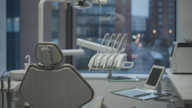 A photorealistic image of a pristine, modern dental clinic interior with a sleek, high-tech dental chair and advanced dental instruments. The background features a softly blurred cityscape of a generic urban environment in the United Kingdom, devoid of any text or identifiable landmarks.