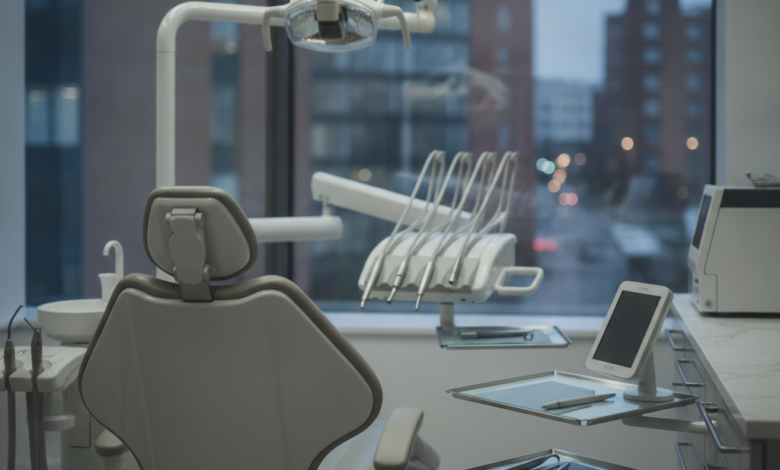 A photorealistic image of a pristine, modern dental clinic interior with a sleek, high-tech dental chair and advanced dental instruments. The background features a softly blurred cityscape of a generic urban environment in the United Kingdom, devoid of any text or identifiable landmarks.