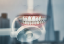 Close-up of perfectly white, sparkling teeth, representing professional teeth whitening, with a highly blurred modern UK city background.