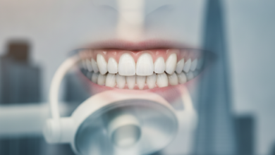 Close-up of perfectly white, sparkling teeth, representing professional teeth whitening, with a highly blurred modern UK city background.