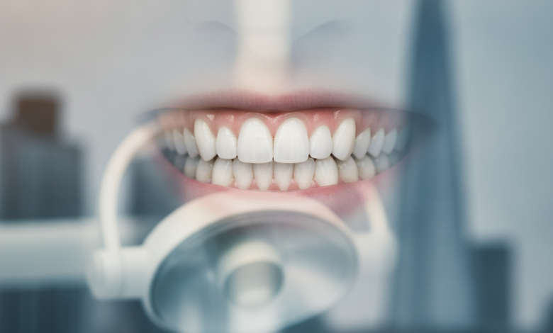 Close-up of perfectly white, sparkling teeth, representing professional teeth whitening, with a highly blurred modern UK city background.