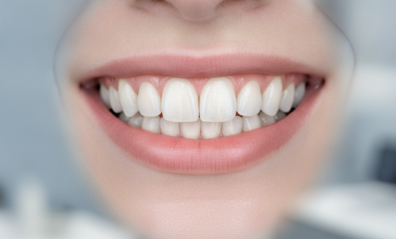 Close-up of a person's mouth with a brilliant, healthy, natural-looking smile, showing perfectly aligned white dental veneers on the upper front teeth. The background is softly blurred, depicting a clean, modern dental clinic interior, symbolizing cosmetic dentistry in the UK.