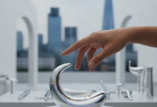 A photorealistic image with a shallow depth of field, showing a human hand gently hovering over a sleek, abstract representation of an advanced medical or aesthetic device in the foreground. In the blurred background, generic essential medical instruments are visible, with the very faint outlines of a London cityscape in the far distance, all conveying the concept of healthcare decisions and treatments not covered by public services. There is no visible text.