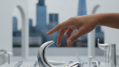 A photorealistic image with a shallow depth of field, showing a human hand gently hovering over a sleek, abstract representation of an advanced medical or aesthetic device in the foreground. In the blurred background, generic essential medical instruments are visible, with the very faint outlines of a London cityscape in the far distance, all conveying the concept of healthcare decisions and treatments not covered by public services. There is no visible text.