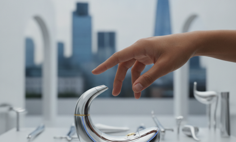 A photorealistic image with a shallow depth of field, showing a human hand gently hovering over a sleek, abstract representation of an advanced medical or aesthetic device in the foreground. In the blurred background, generic essential medical instruments are visible, with the very faint outlines of a London cityscape in the far distance, all conveying the concept of healthcare decisions and treatments not covered by public services. There is no visible text.
