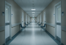 A long, quiet, and empty corridor in a UK-style healthcare facility, lined with many closed doors, symbolizing the widespread difficulty and long waits for appointments within a national health system.
