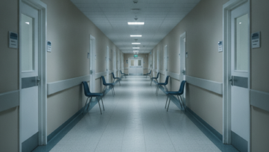 A long, quiet, and empty corridor in a UK-style healthcare facility, lined with many closed doors, symbolizing the widespread difficulty and long waits for appointments within a national health system.