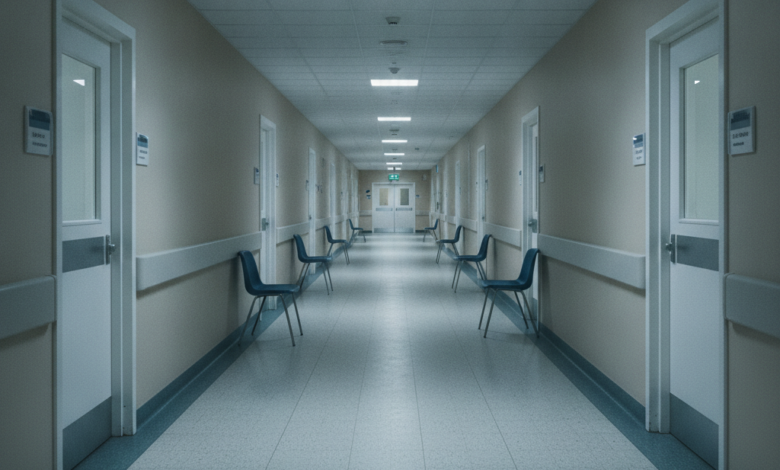 A long, quiet, and empty corridor in a UK-style healthcare facility, lined with many closed doors, symbolizing the widespread difficulty and long waits for appointments within a national health system.