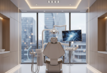 A photorealistic image of a sophisticated, modern private dental clinic in the UK. A sleek dental chair is central, surrounded by advanced, abstract diagnostic equipment. Through a blurred window, an indistinct urban cityscape suggests a UK location. The scene is clean, well-lit, and conveys professionalism and comfort, with no visible text.