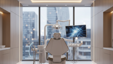 A photorealistic image of a sophisticated, modern private dental clinic in the UK. A sleek dental chair is central, surrounded by advanced, abstract diagnostic equipment. Through a blurred window, an indistinct urban cityscape suggests a UK location. The scene is clean, well-lit, and conveys professionalism and comfort, with no visible text.