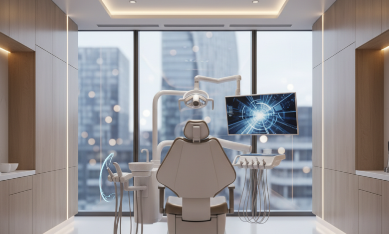 A photorealistic image of a sophisticated, modern private dental clinic in the UK. A sleek dental chair is central, surrounded by advanced, abstract diagnostic equipment. Through a blurred window, an indistinct urban cityscape suggests a UK location. The scene is clean, well-lit, and conveys professionalism and comfort, with no visible text.