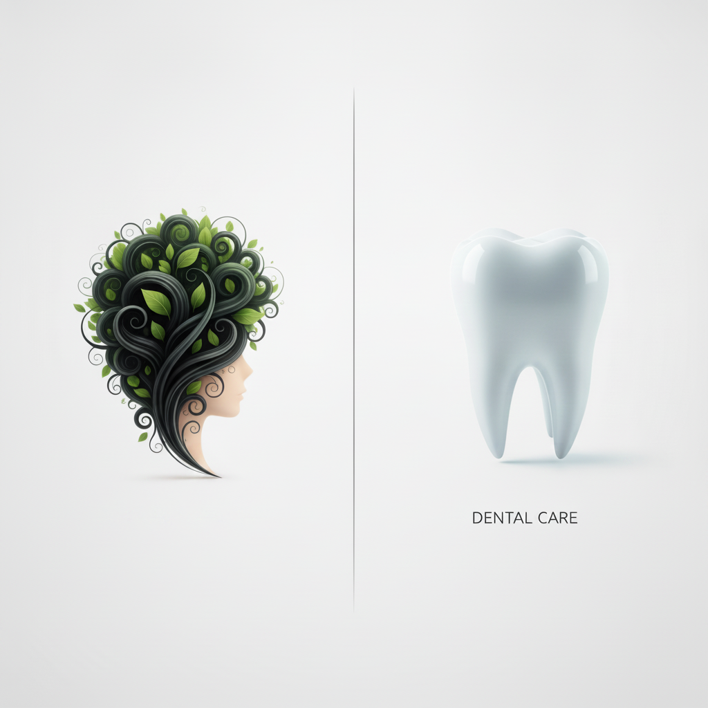 Affordable Dentists in Leeds. Conceptual image of brand misalignment between hair and dental care services.