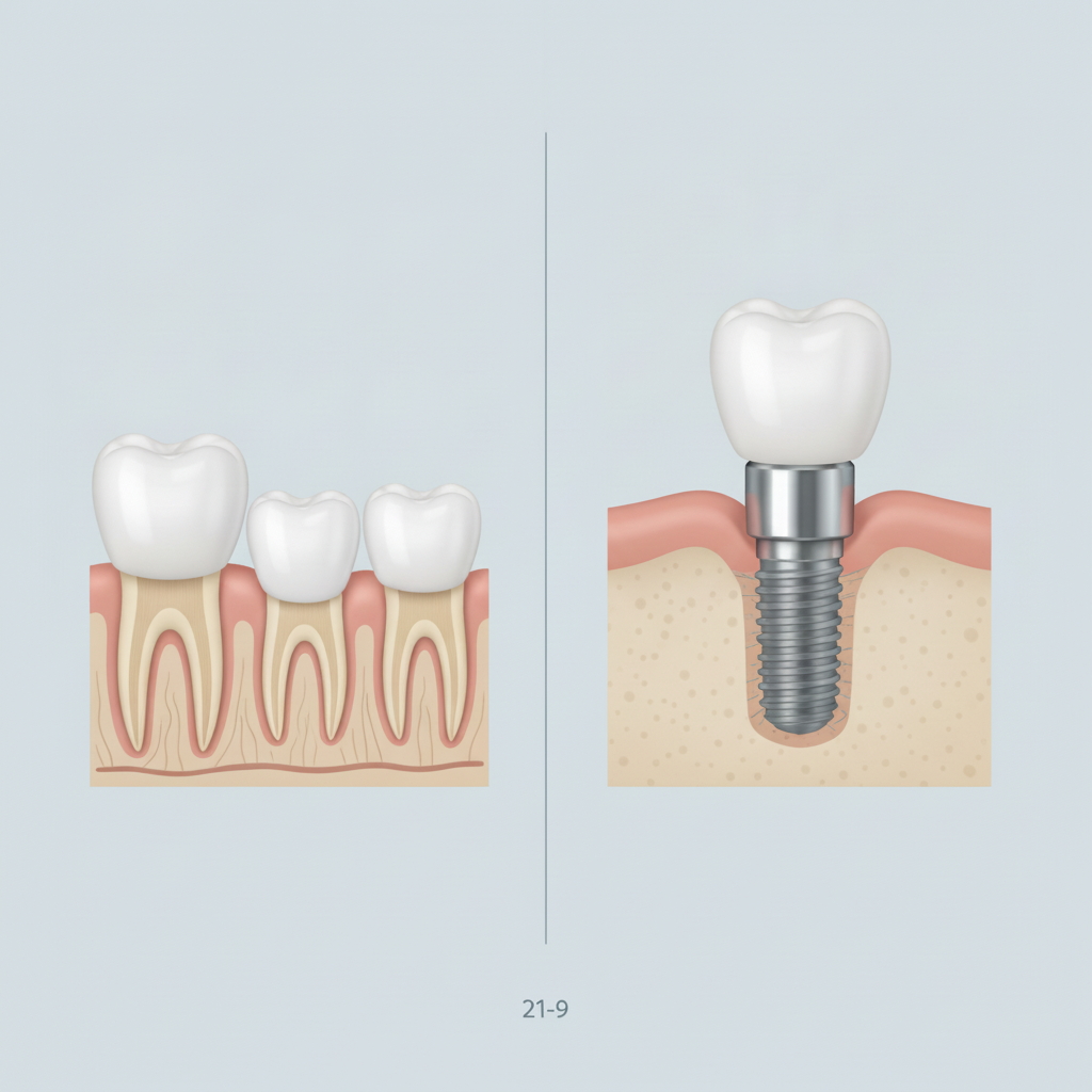 Dental Bridges vs Implants UK. A visual comparison of two common tooth replacement options in dentistry.