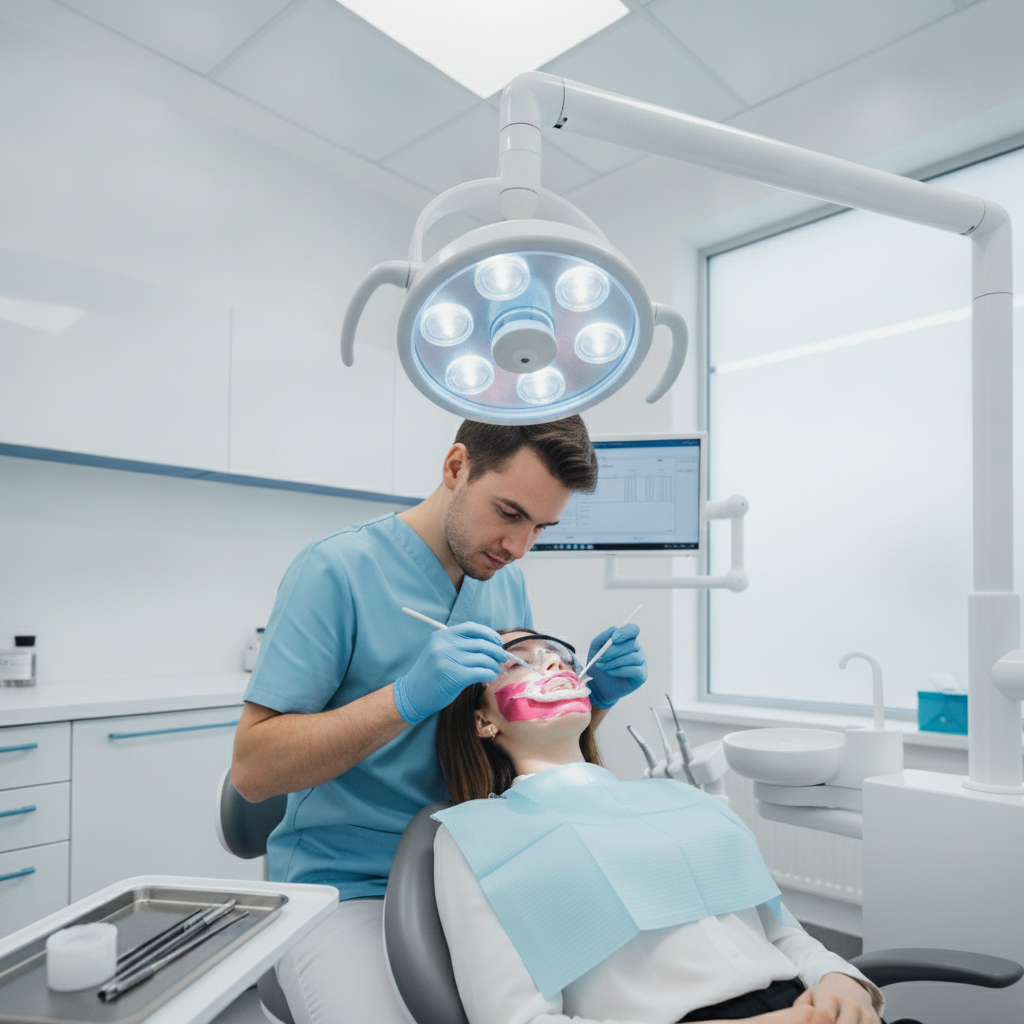 Teeth Whitening Manchester Cost: professional in-chair procedure performed by a dentist, achieving a brighter smile.