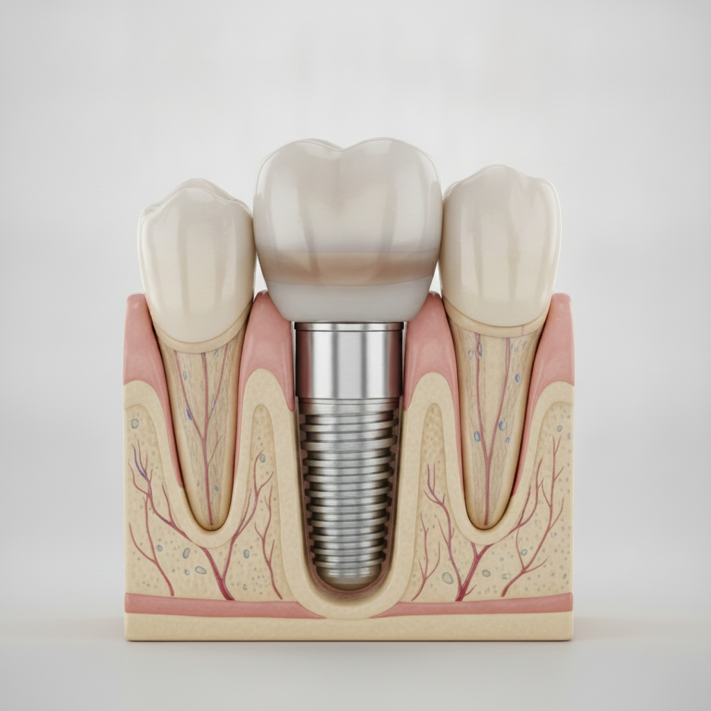 Same Day Dental Implants UK achieving full osseointegration with a durable, custom-made permanent crown seamlessly placed