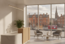 A bright, clean, and modern dental clinic reception area, with comfortable seating and a sleek desk, overlooking a blurred urban street scene of Leeds, UK.