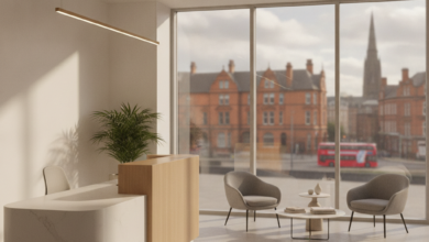 A bright, clean, and modern dental clinic reception area, with comfortable seating and a sleek desk, overlooking a blurred urban street scene of Leeds, UK.