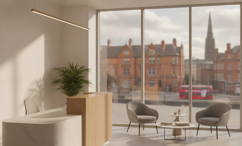 A bright, clean, and modern dental clinic reception area, with comfortable seating and a sleek desk, overlooking a blurred urban street scene of Leeds, UK.