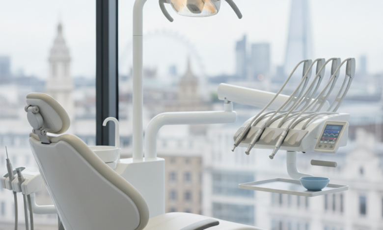 A photorealistic image of a sophisticated, modern dental treatment room in the UK. The scene features a pristine, empty ergonomic dental chair, sleek advanced dental instruments, and a soft, bright clinical light. Through a large window in the background, a very softly blurred London cityscape is visible. The image conveys a sense of cleanliness, high technology, and patient comfort, with no visible text.
