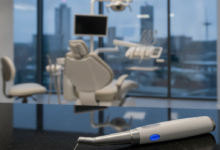 A close-up of a sleek, generic dental instrument resting on a sterile, reflective surface. In the blurred background, an ergonomic dental chair is visible, and through a window, a highly out-of-focus modern city skyline, subtly hinting at Leeds, can be seen.