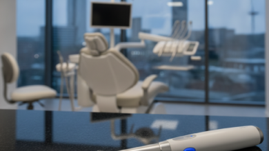 A close-up of a sleek, generic dental instrument resting on a sterile, reflective surface. In the blurred background, an ergonomic dental chair is visible, and through a window, a highly out-of-focus modern city skyline, subtly hinting at Leeds, can be seen.