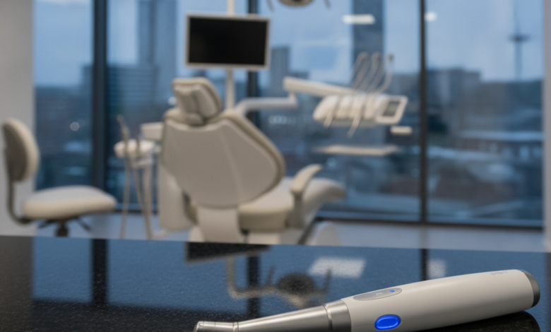 A close-up of a sleek, generic dental instrument resting on a sterile, reflective surface. In the blurred background, an ergonomic dental chair is visible, and through a window, a highly out-of-focus modern city skyline, subtly hinting at Leeds, can be seen.