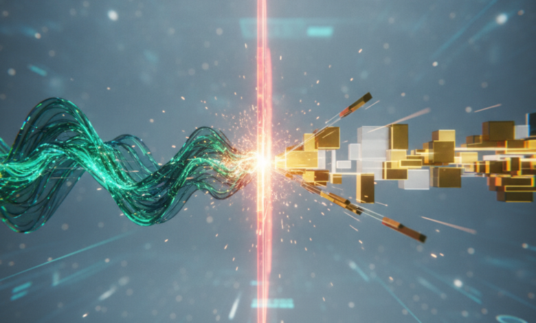 A conceptual, photorealistic image showing two distinct, abstract digital data streams (one fluid, one geometric) being blocked by a glowing red energy barrier in a futuristic interface, symbolizing a system rejecting a request due to brand misalignment.