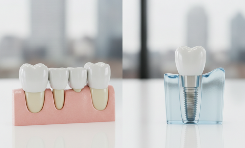 A photorealistic comparison of two dental models: a three-unit dental bridge on the left, showing crowns supporting an artificial tooth, and a single dental implant on the right, with a visible titanium post, abutment, and crown. Both are on a sterile surface in a modern dental clinic with a blurred UK city background.
