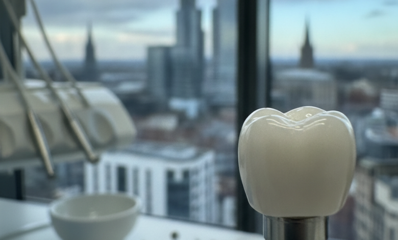 Close-up photorealistic image of a sterile dental implant with a white crown. The foreground is a blurred modern dental clinic, and the background shows a softly out-of-focus urban cityscape of Manchester.