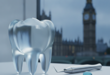 A close-up, photorealistic image of a clean, abstract dental element (like a healthy tooth model or a sleek dental instrument) in sharp focus, with a softly blurred London landmark (such as the Houses of Parliament or London Eye) in the background. The lighting is soft, reassuring, and there is no text visible.