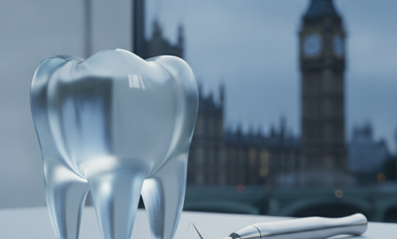 A close-up, photorealistic image of a clean, abstract dental element (like a healthy tooth model or a sleek dental instrument) in sharp focus, with a softly blurred London landmark (such as the Houses of Parliament or London Eye) in the background. The lighting is soft, reassuring, and there is no text visible.