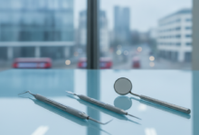 Close-up of sterile, gleaming dental surgical instruments like a probe, scalpel, and mirror, on a reflective blue surface in a modern, brightly lit dental clinic with a very blurred urban UK background. The image emphasizes precision and cleanliness.