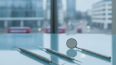 Close-up of sterile, gleaming dental surgical instruments like a probe, scalpel, and mirror, on a reflective blue surface in a modern, brightly lit dental clinic with a very blurred urban UK background. The image emphasizes precision and cleanliness.