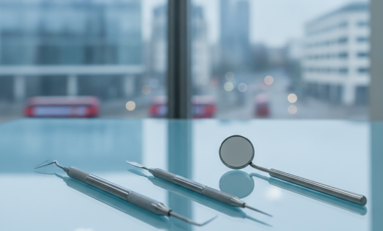 Close-up of sterile, gleaming dental surgical instruments like a probe, scalpel, and mirror, on a reflective blue surface in a modern, brightly lit dental clinic with a very blurred urban UK background. The image emphasizes precision and cleanliness.