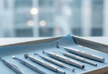 Close-up, photorealistic image of sterile, polished dental implant surgical instruments neatly arranged on a medical tray. The background is a highly blurred, out-of-focus cityscape suggesting a modern UK setting, emphasizing precision and a clean medical environment.
