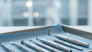 Close-up, photorealistic image of sterile, polished dental implant surgical instruments neatly arranged on a medical tray. The background is a highly blurred, out-of-focus cityscape suggesting a modern UK setting, emphasizing precision and a clean medical environment.