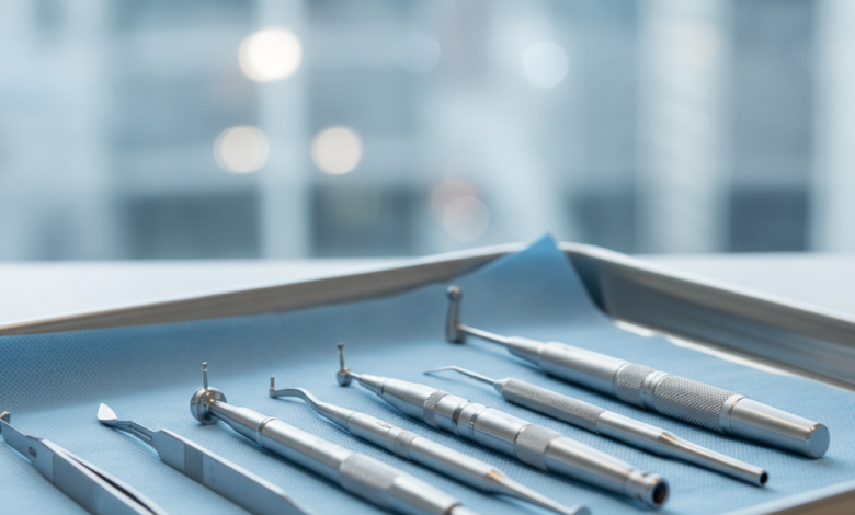 Close-up, photorealistic image of sterile, polished dental implant surgical instruments neatly arranged on a medical tray. The background is a highly blurred, out-of-focus cityscape suggesting a modern UK setting, emphasizing precision and a clean medical environment.