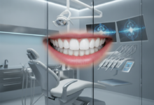 A close-up of a brilliant, healthy smile with bright, perfectly aligned teeth, set against a blurred background of a modern dental clinic with advanced equipment.