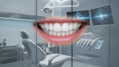 A close-up of a brilliant, healthy smile with bright, perfectly aligned teeth, set against a blurred background of a modern dental clinic with advanced equipment.